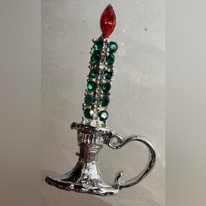 Vintage Dodds Christmas Candle Brooch Pin Red Green Rhinestones Silver Metal